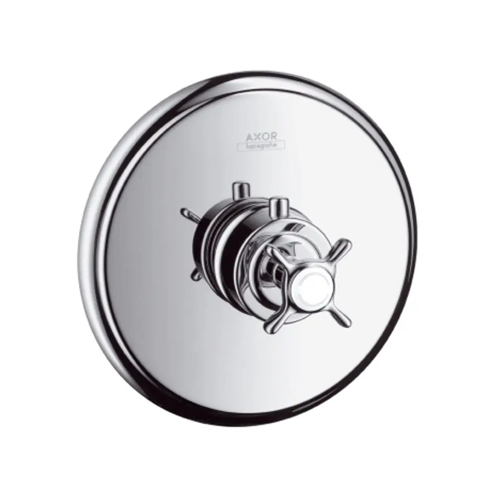 Kreuzgriff-Thermostat mit chromfarbener Oberfläche von AXOR, für die Unterputzmontage geeignet, in rundem Design.